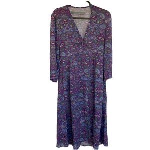 Raquel Allegra Lilac Tapestry Printed 100% Silk Midi V Neck Button Dress Sz 8-10